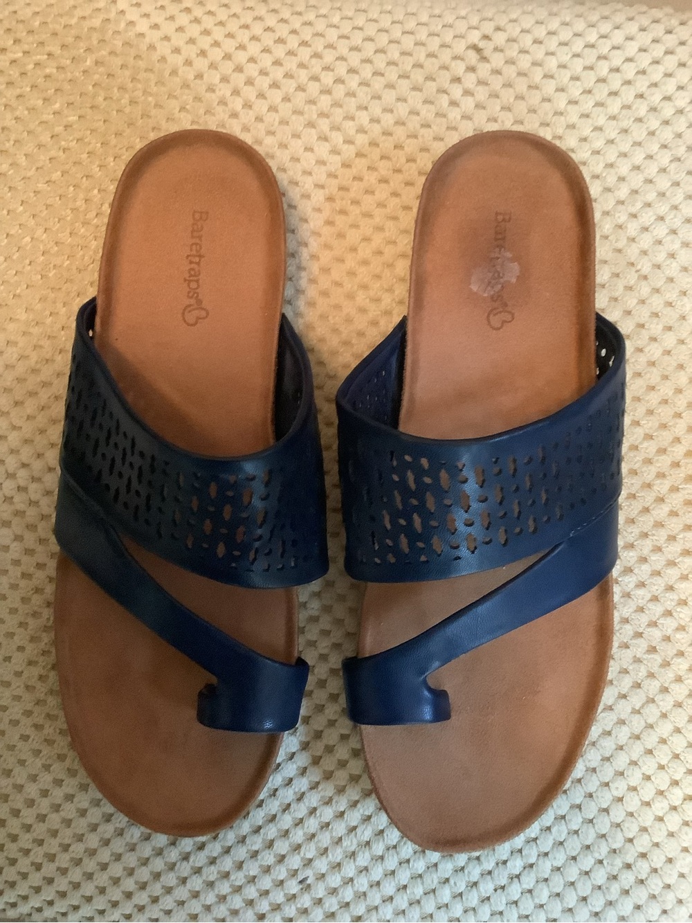 BareTraps Navy Leather Perforated Slide Sandals